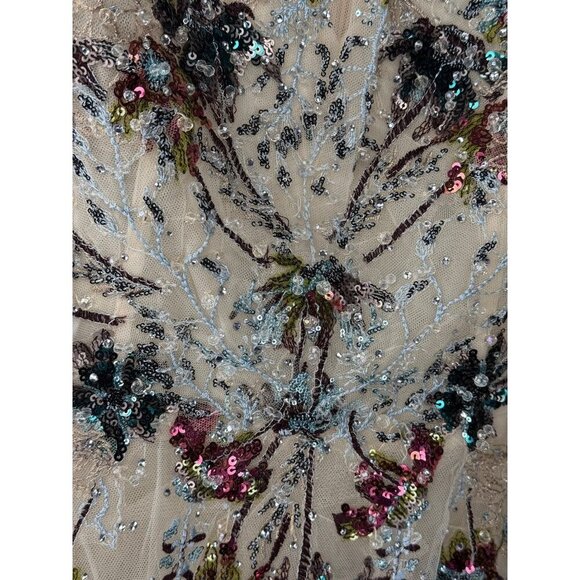 Mac Duggal 20510 Flutter Sleeve High Neck Embellished Tea Length Dress Sz 8 Nude - Picture 4 of 6